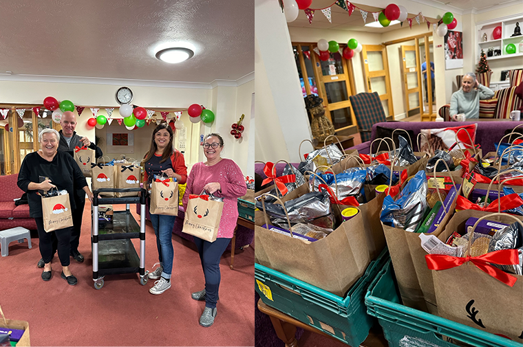 Two images, one showing the Care and support team with Christmas gift bags and one with a close up of donation